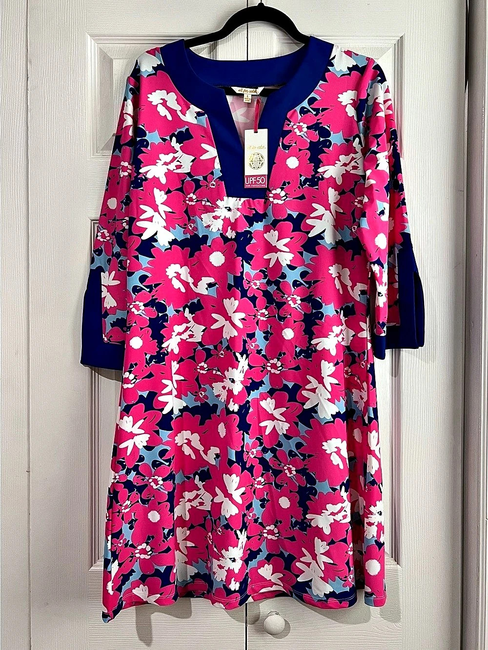 🌸🆕 All for Color Prescot Maui Summers Tunic Dress Floral Mini Pink & Blue Large